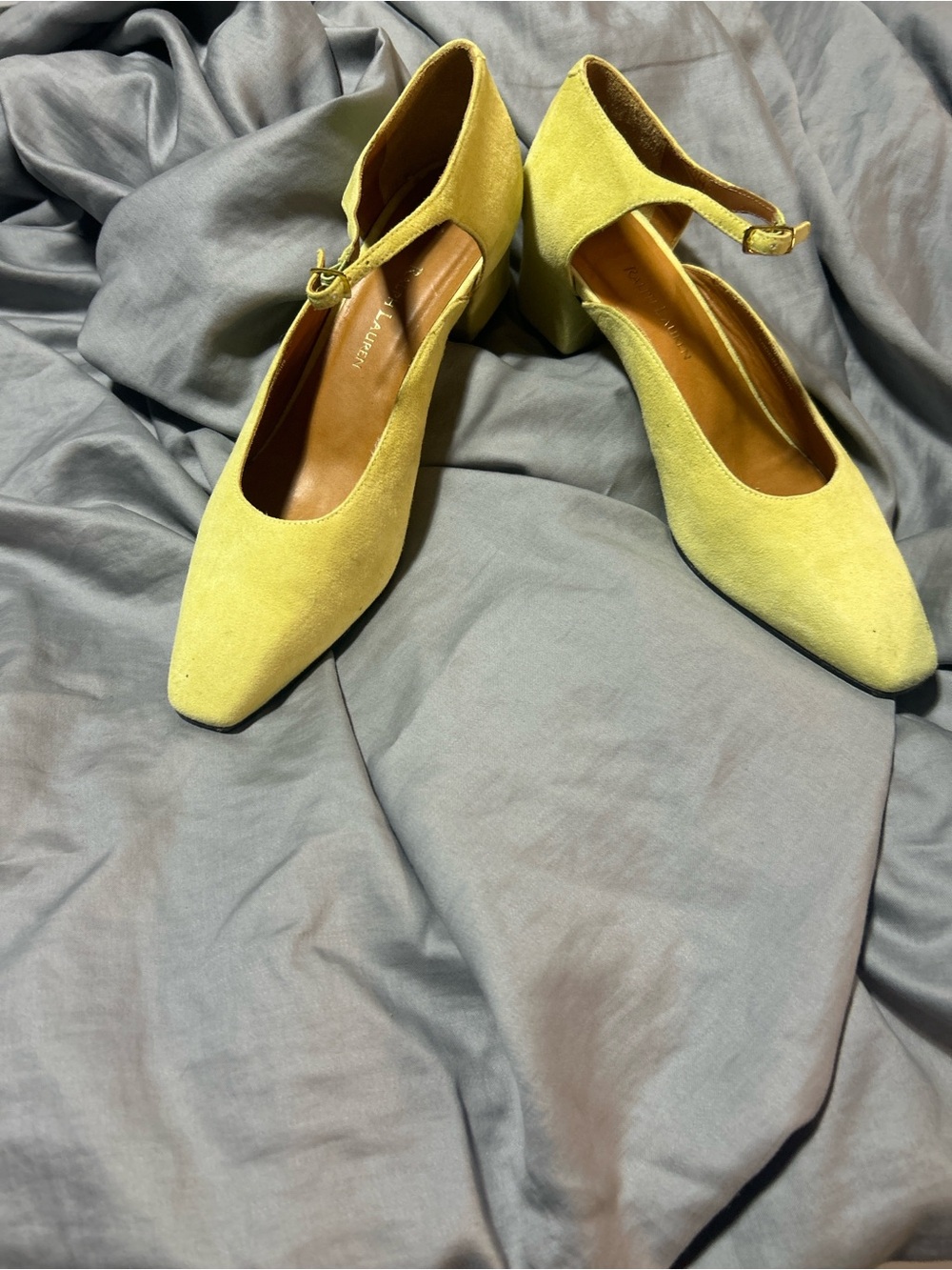 Ralph Lauren Yellow Suede Mary Jane Block Heels